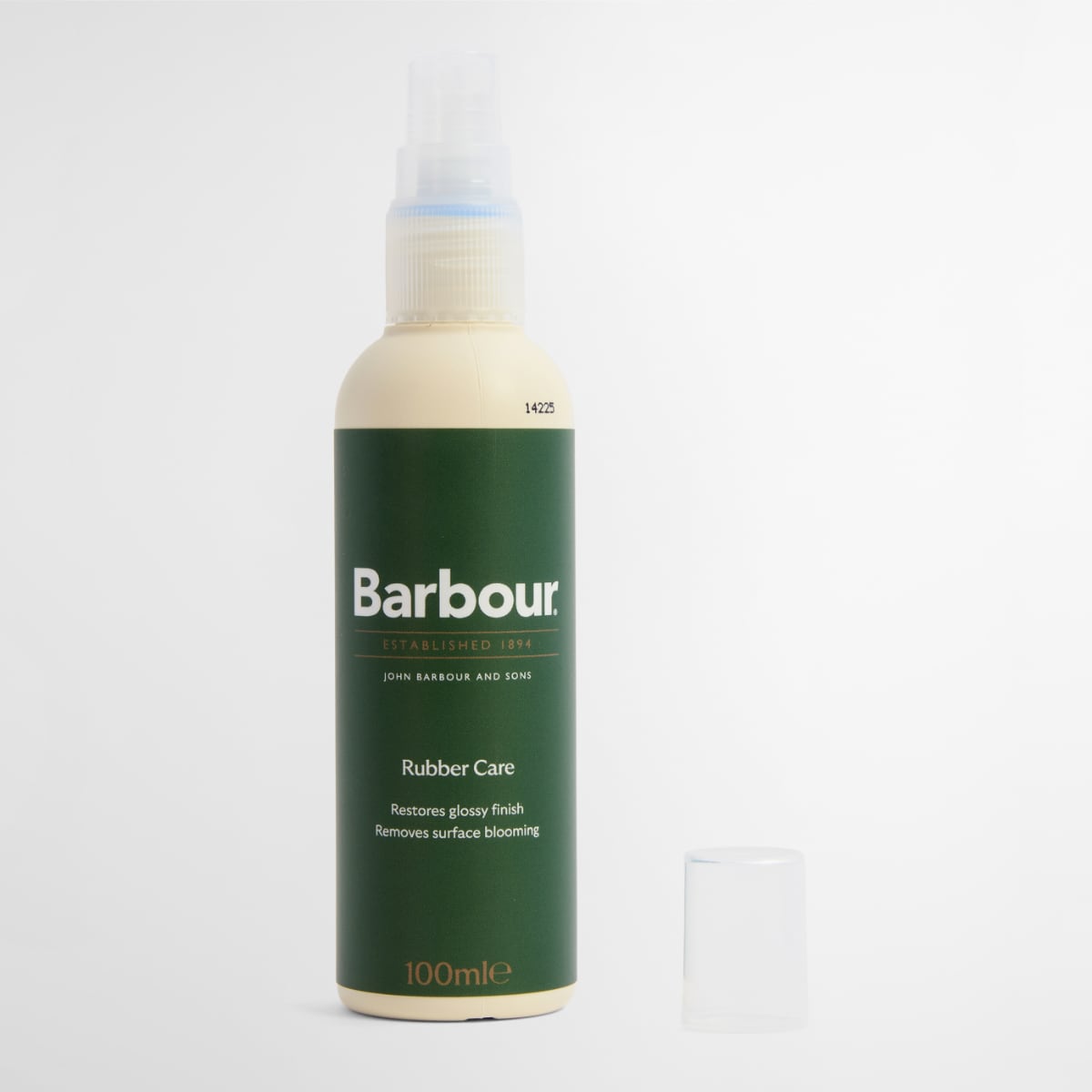 Barbour Rubber Care spray bottle with a dark green label and a clear spray nozzle.