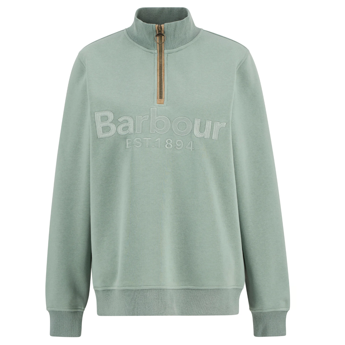 Barbour Cynthia quarter zip women's jumper in blue sage with tan ring pull zipper and embossed logo.