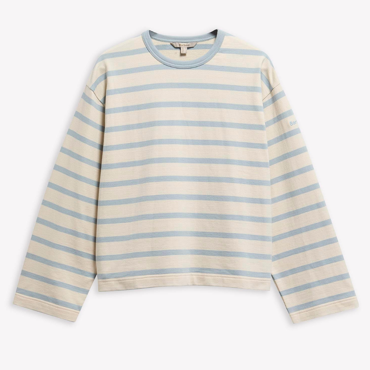 Neckline close up of Barbour Fawley striped sweatshirt with light blue trim.