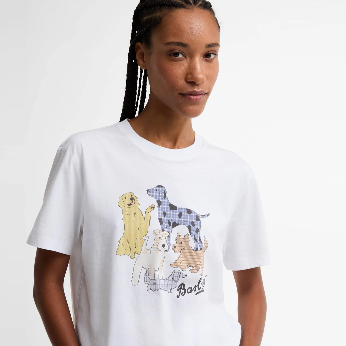White Barbour Fawley women's T shirt with a colorful dog family graphic on the front.