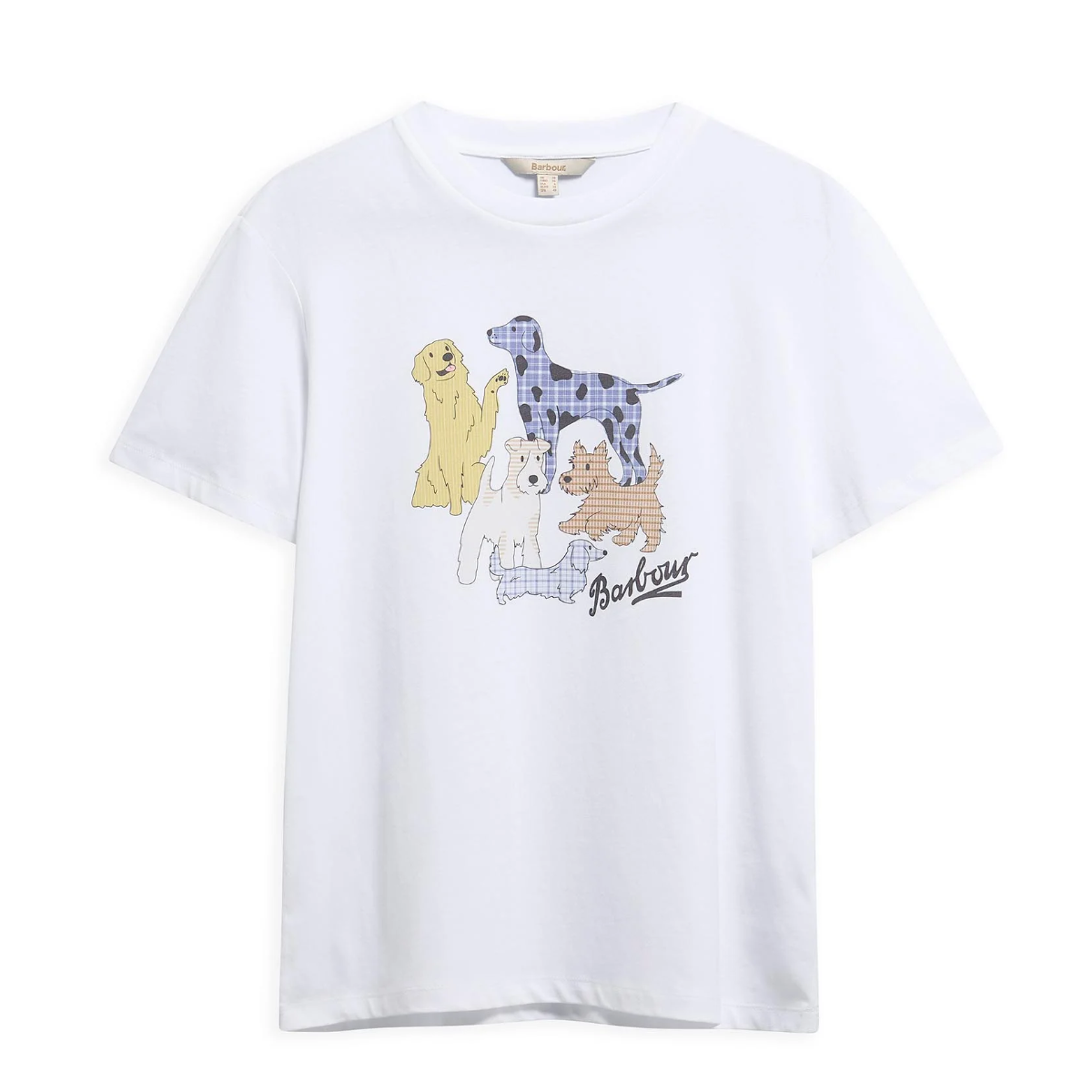 White Barbour Fawley women's T shirt with dog illustration shown on a flat lay.