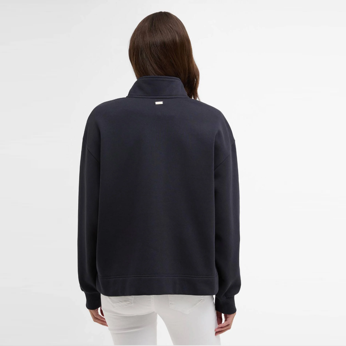 Back view of navy Barbour Zaria jumper with small metal plaque at the upper back