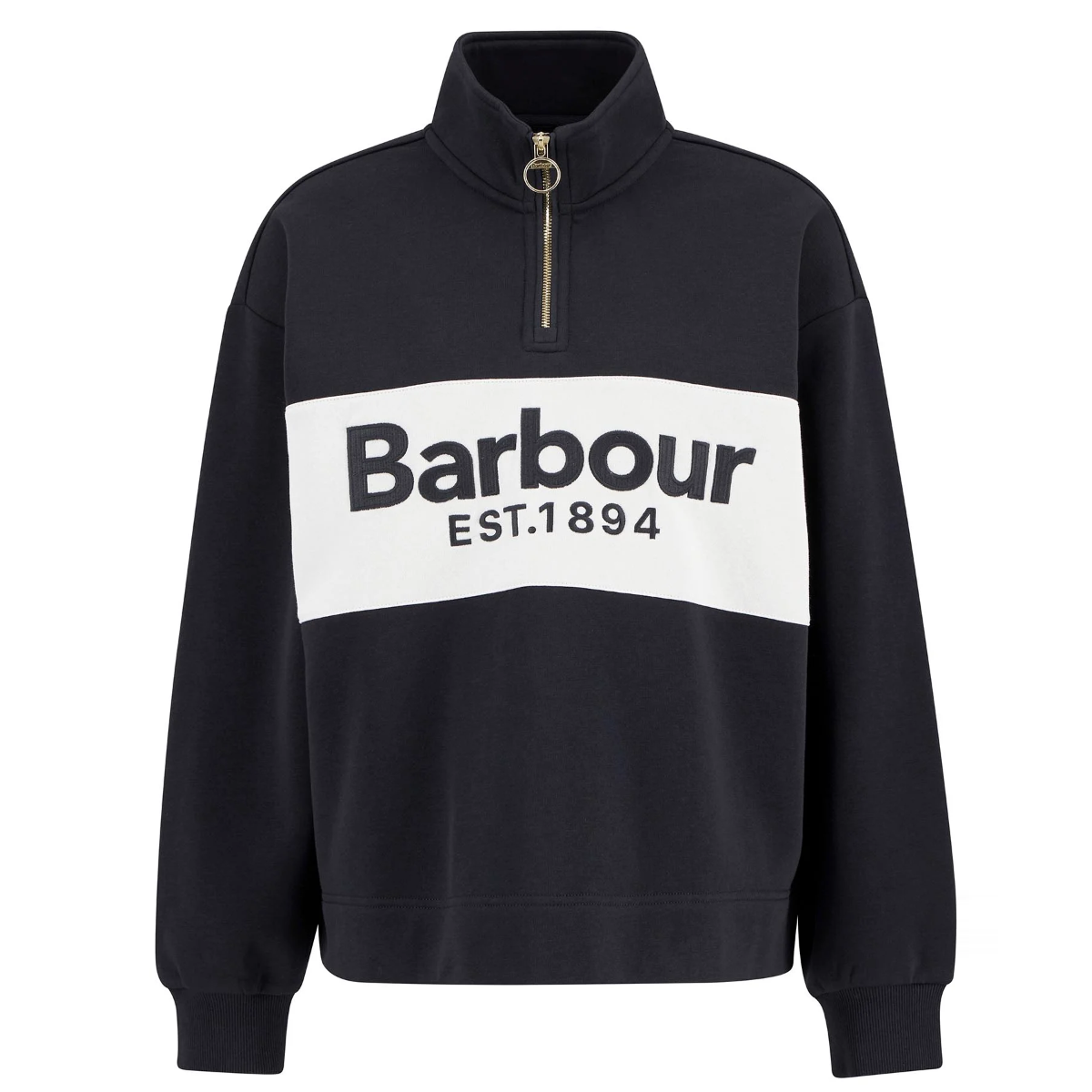Barbour Zaria jumper in dark navy with a white chest band and a gold ring pull half zip