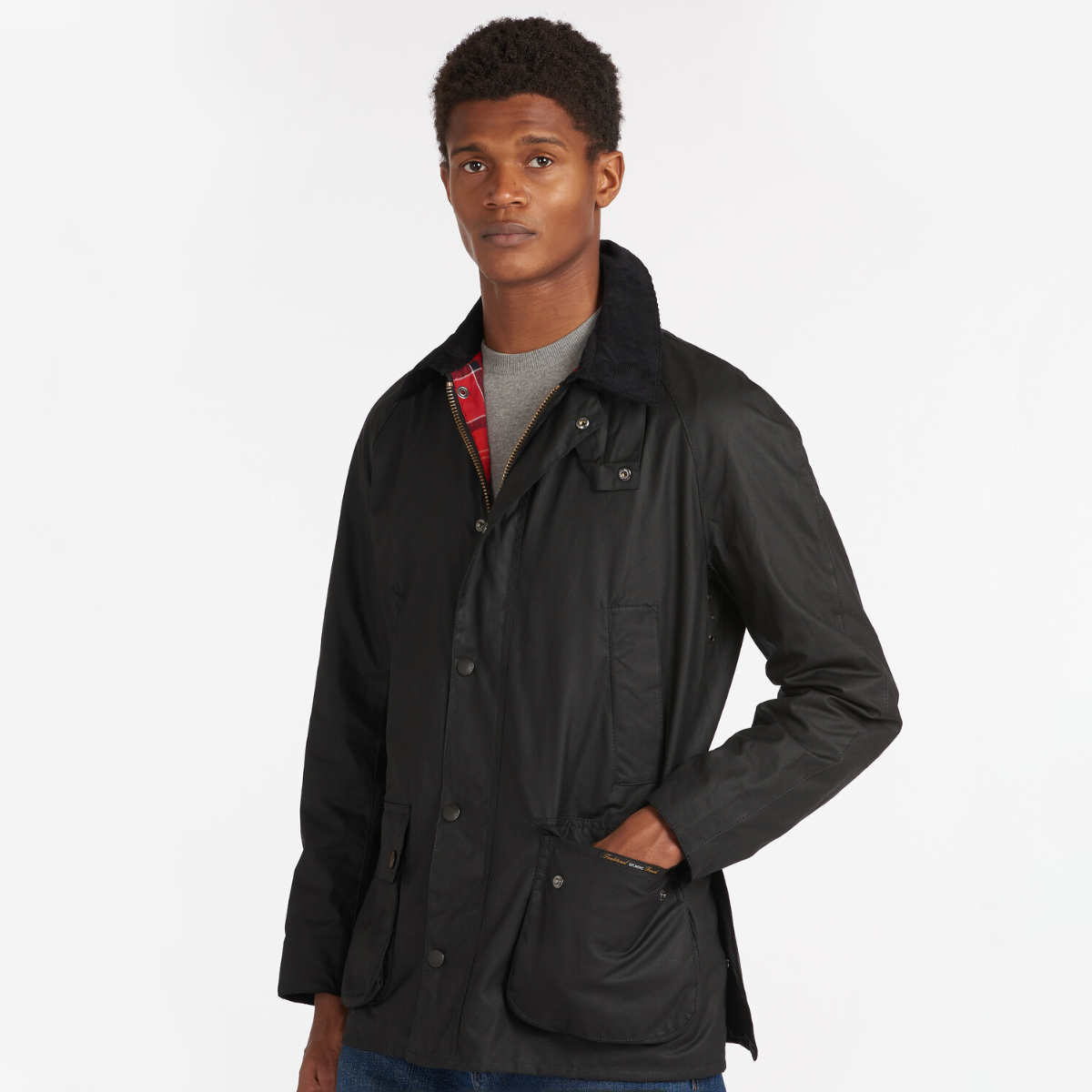 Barbour Ashby Men's Waxed Jacket | Black (Cardinal Red Tartan lining)