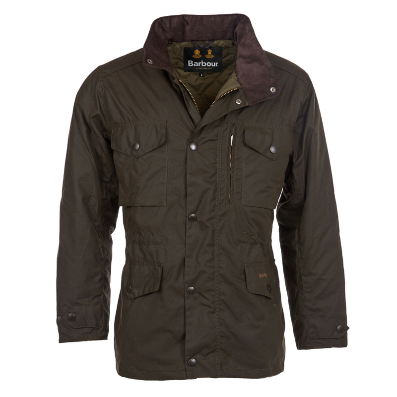 Front product view of the Barbour Sapper wax jacket in Olive showing the chest and lower utility pockets