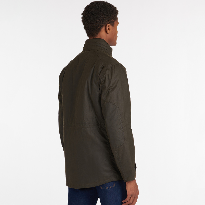 Rear view of the Barbour Sapper jacket showing its length and adjustable waist