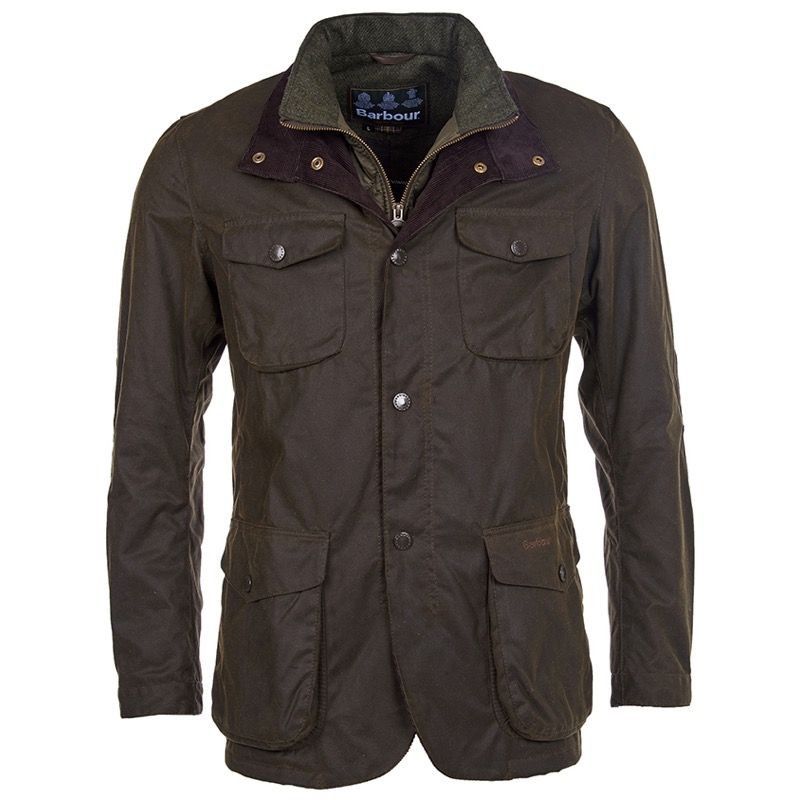 Front view of the Barbour Ogston men's wax jacket in Olive